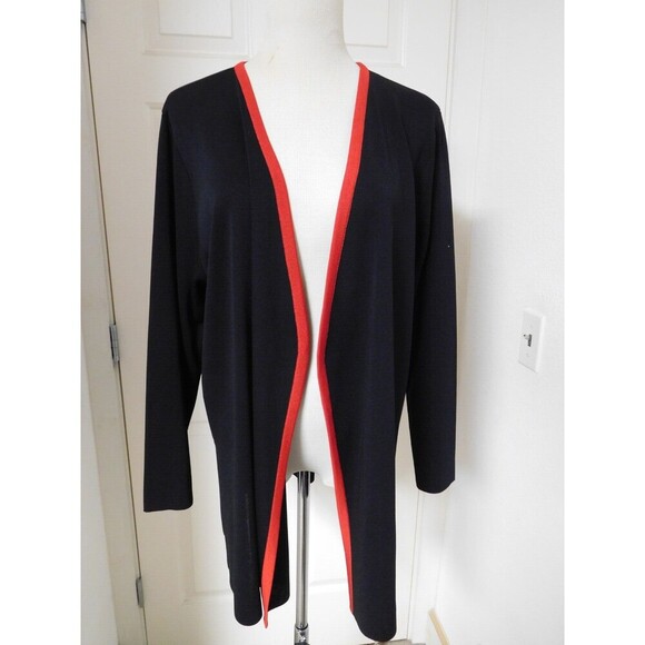 Women's EXCLUSIVELY MISOOK Black with Red Trim Open Front Long Cardigan Small - Picture 1 of 7